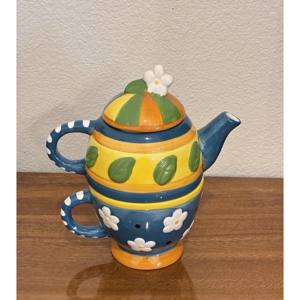 Floral Tea For One 4 Piece Set Stacking Teapot Cup‎ & Teabag Plate Ceramic Gift